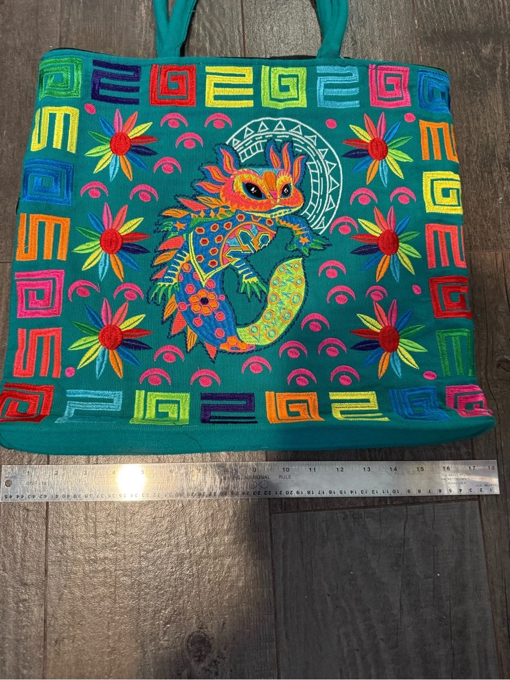 Embroidered Teal Tote Bag with Colorful Mythical Creature Motif